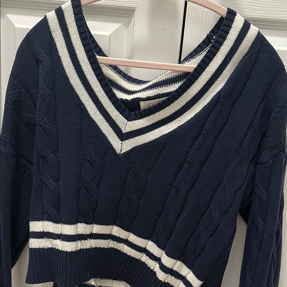 Navy and White Cable Knit V-Neck Sweater